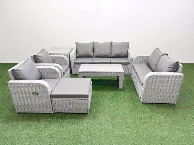 Fimous Grey PE Rattan Garden Furniture Set with 2 Seater Sofa, Coffee Table and Ottoman
