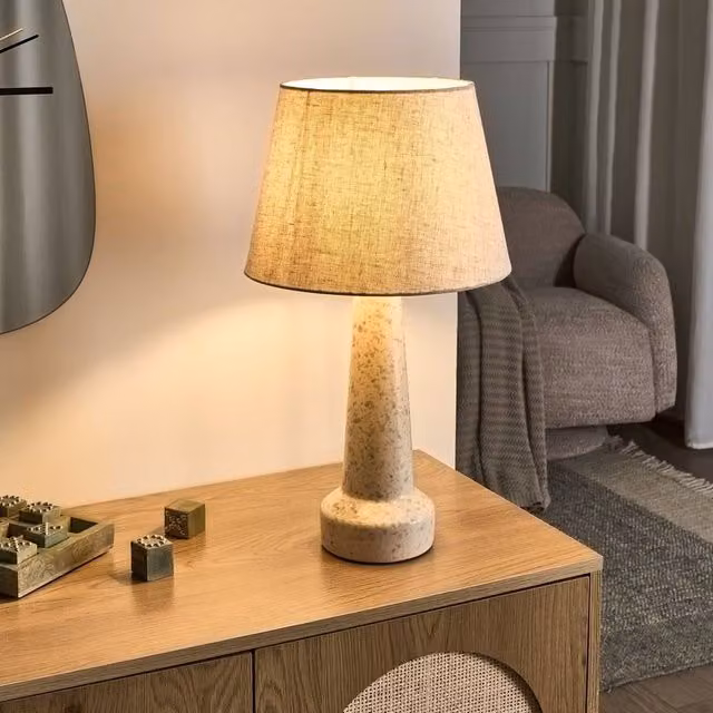 Wyld and Coco Modern Table Lamp with Beige Ceramic Base and Blue Fabric Shade – 1