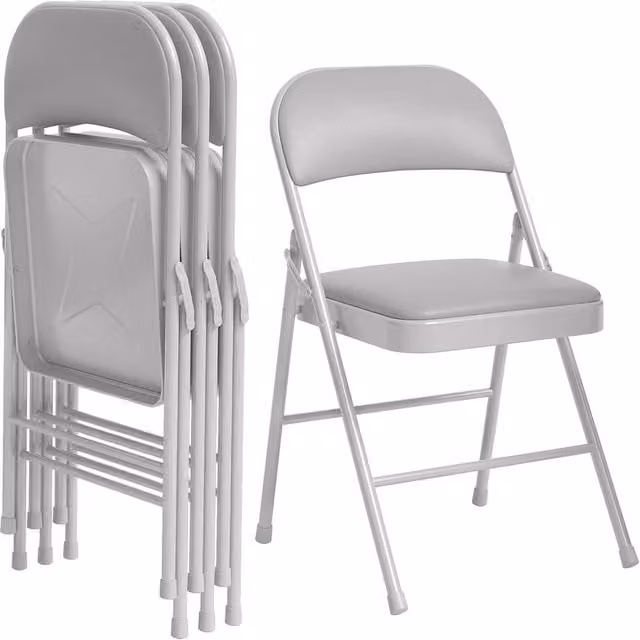 London Boutique Set of 4 Grey Upholstered Folding Dining Chairs with Synthetic Leather Padded Seats and Stackable Design