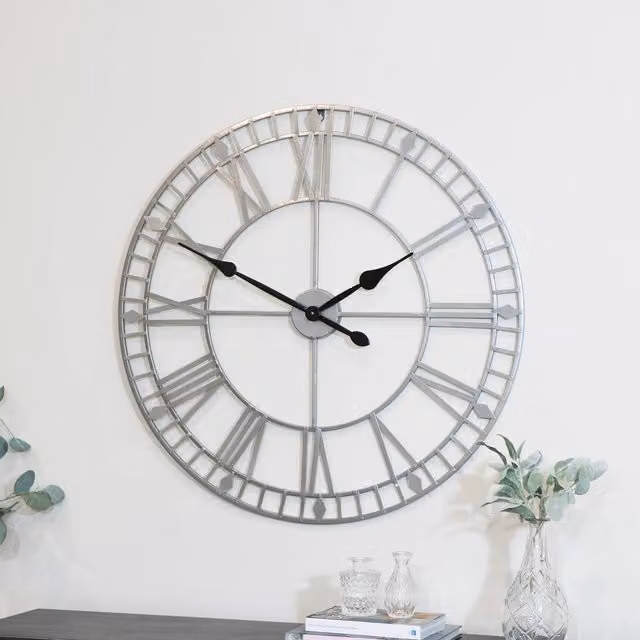 Melody Maison Silver and Black Vintage Metal Skeleton Wall Clock, W/D/H: 80 x 80 x 80 cm