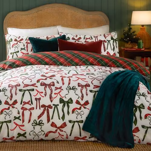 Riva Home Nathalie Bows Reversible Silk Duvet Cover Set in Red and Green, W: 200 cm, L: 220 cm – 3