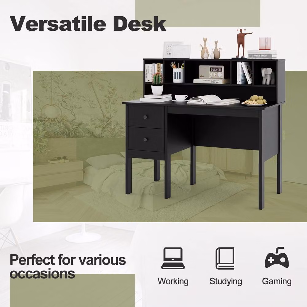 Costway Black Computer Desk with Power Outlets and Drawers, 120 cm Width – 6