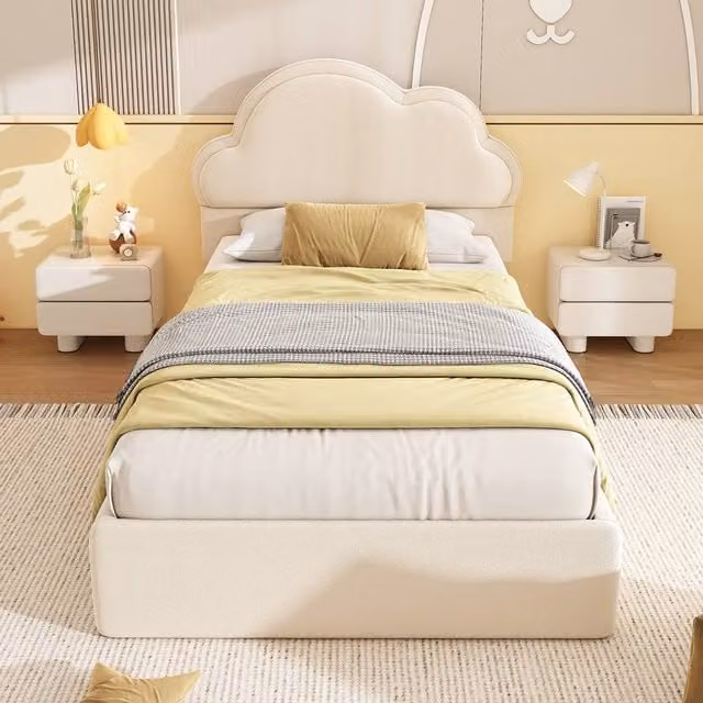 Merax Single Velvet Ottoman Bed Frame in Beige with Cloud Headboard, W/D/H: 90 x 190 x 113 cm