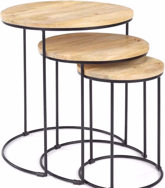 Elm Home And Garden Round Nest of Three Tables in Brown Mango Wood and Metal
