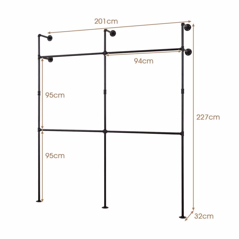 VOGREX Industrial Double-Tier Pipe Clothing Rack in Matt Black, Width: 227 cm – 2