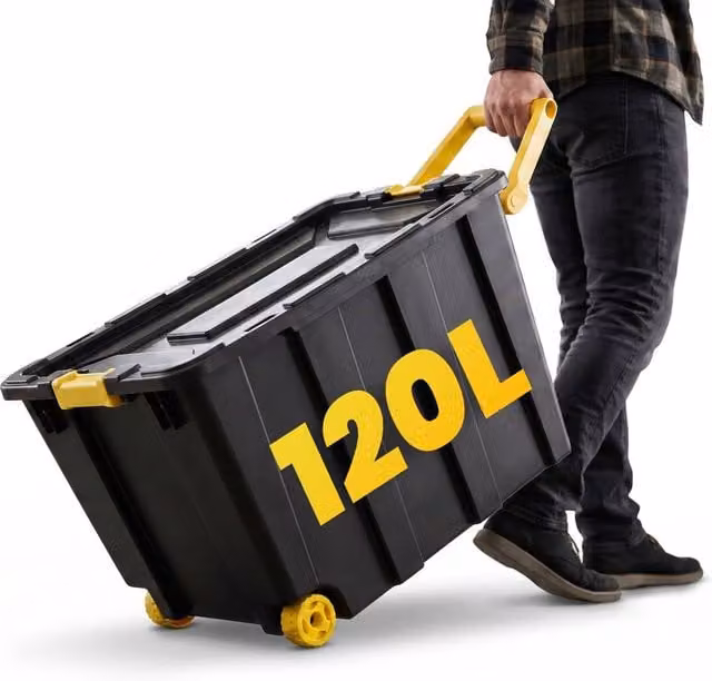 Novecrafto 2-Piece Set of 120L Large Black Plastic Storage Boxes with Lids, Wheels and Pull Handles