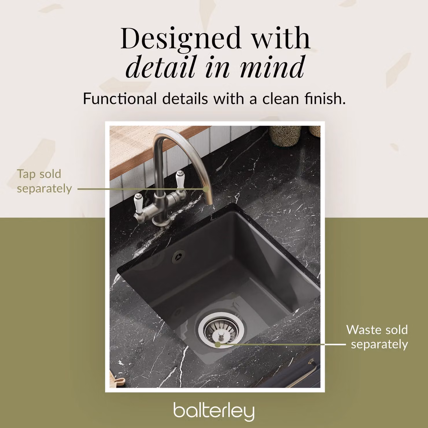 Balterley Ceramic 1 Bowl Undermount Kitchen Sink with Overflow, Dark Grey, W: 45.7 cm – 3