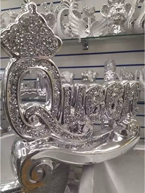 Biznest Silver Crushed Diamond Queen Block Letter Tabletop Ornament