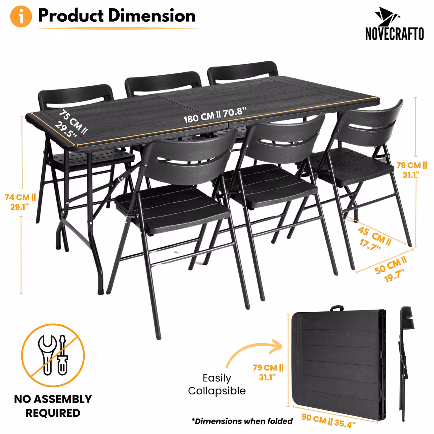 Novecrafto 6ft Folding Table and 6 Folding Chairs Set in Black with Wood Grain Pattern and Steel Frames – 3