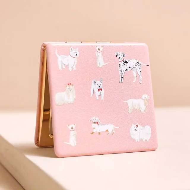 Lisa Angel Pink Dog Print Metal Tabletop Compact Mirror in Gold and Pink