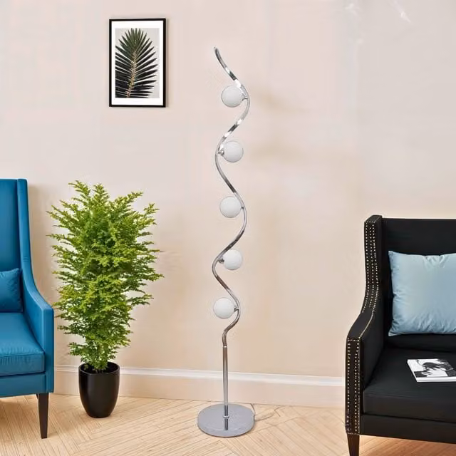 Pagazzi Lighting Bombo 5 Light LED Floor Lamp in Polished Chrome and Silver with Glass Spheres, Height: 160 cm – 1