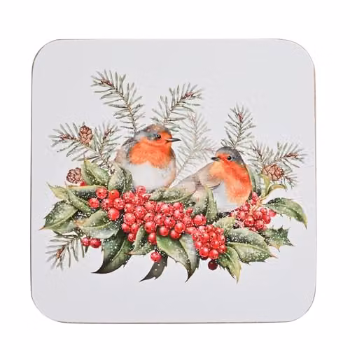 Widdop and Co Set of 4 Square Wooden Christmas Robin Coasters in Red and Multicolour