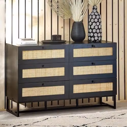 Julian Bowen Padstow Black and Rattan 6 Drawer Chest W/D/H: 120 x 40 x 80 cm