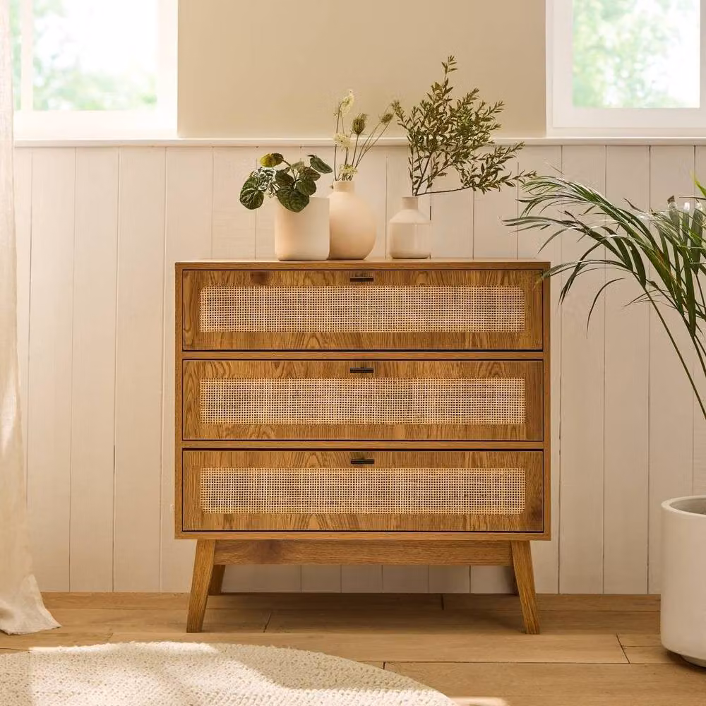 CALICOSY ALIA 3-Drawer Chest with Rattan Fronts and Wooden Legs in Brown, W: 80 cm, D: 39 cm, H: 79 cm – 2
