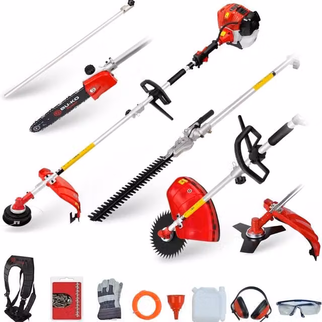 BU-KO Red 52cc Long Reach Petrol Multi Tool Strimmer, Hedge Trimmer, Pruner and Brush Cutter