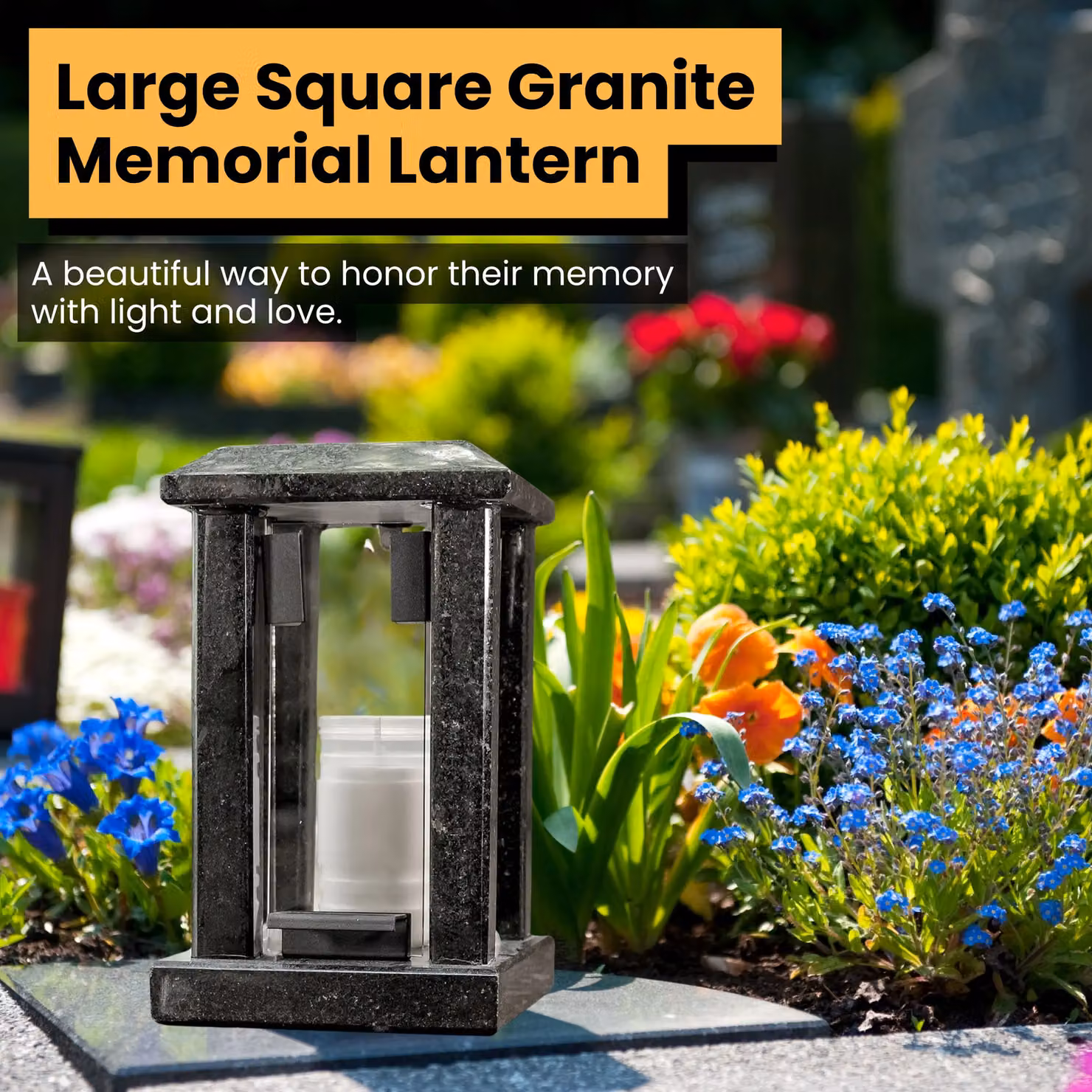 Novecrafto Large Polished Black Granite Memorial Lantern, H 32 cm, W 15 cm, D 15 cm – 6