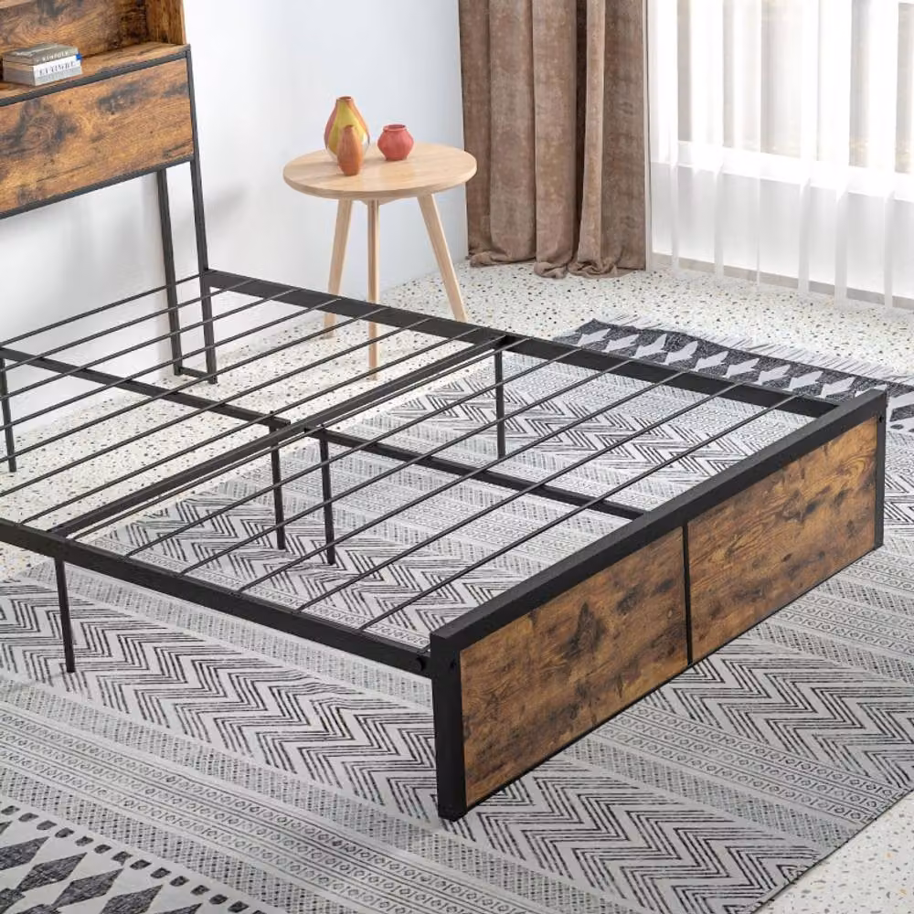 STILVORA Industrial Double Bed Frame with Storage Headboard and Side Compartments in Brown and Black, W/D/H: 140 x 200 x 137 cm – 7