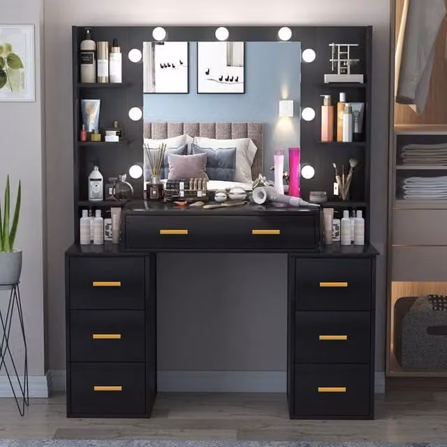 RAC3 Luxury Hollywood LED Vanity Makeup Table with Large Storage Drawers in Matt Black