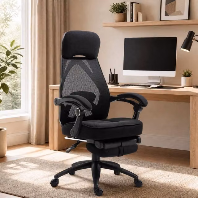 STILVORA Black Fabric Office Chair with Footrest, Headrest and Adjustable Height