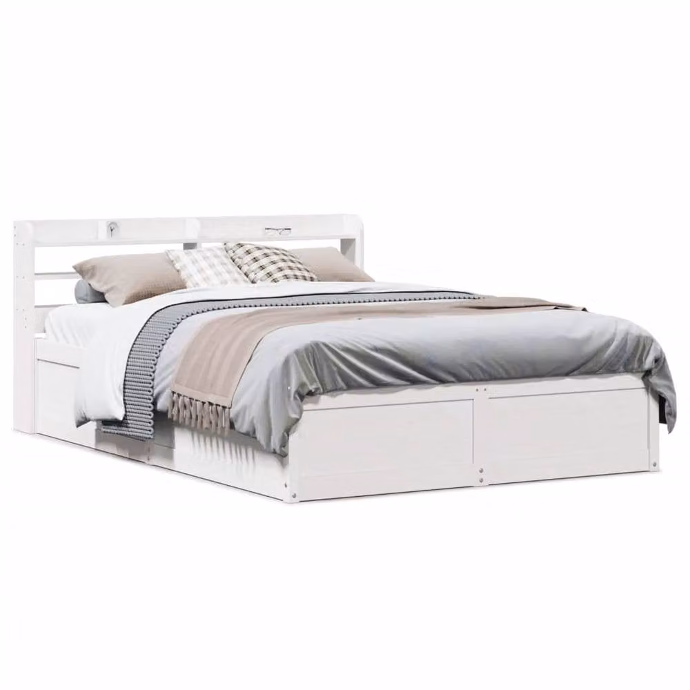 Berkfield Home White Solid Wood Pine Bed Frame with Headboard and Side Compartments, W: 135 cm, L: 190 cm
