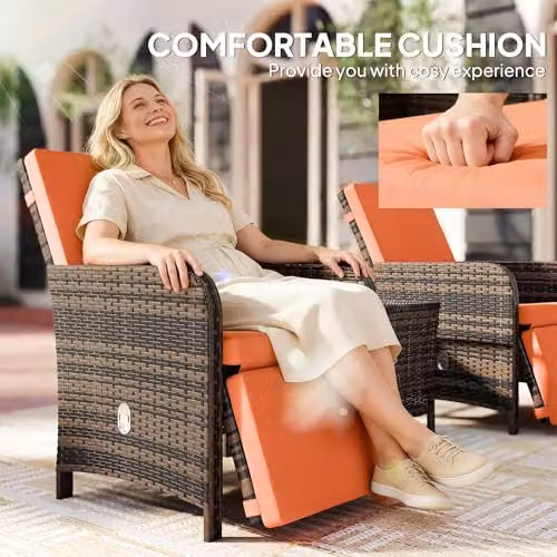 Outsunny 3 Piece Rattan Garden Bistro Set with Adjustable Backrests in Orange – 3