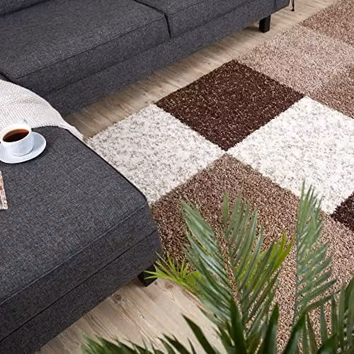 THE RUGS Modern Checked High Pile Shaggy Area Rug, Brown, W/D: 140 x 200 cm – 6