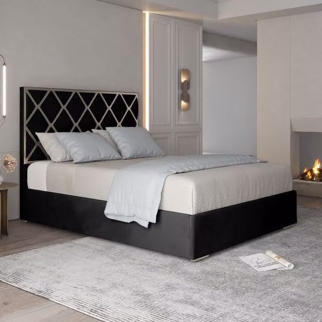 Casani Tammy Upholstered Velvet Metal Bed Frame in Black, Size: 180 x 200 cm