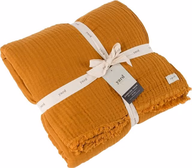 Lark Muslin Cotton Throw with Fringes in Cumin Brown Orange, Width: 260 cm