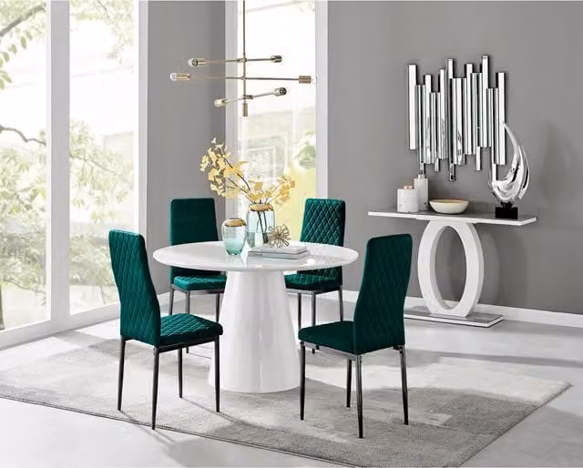 FurnitureboxUK Palma White High Gloss Round Dining Table and 4 Green Velvet Milan Chairs with Black Legs