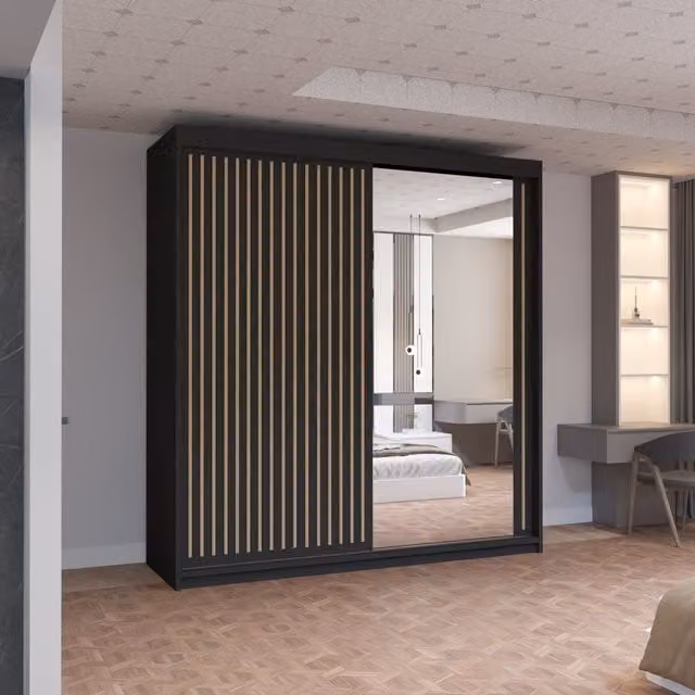 Sliding Wardrobes 4 u Modern Black Freestanding Wardrobe with Mirror and Glass Doors, Width: 150 cm