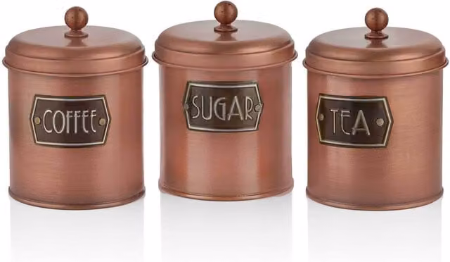 The Mia UK Solid Metal Coffee, Tea and Sugar Jar Set in Copper and Bronze