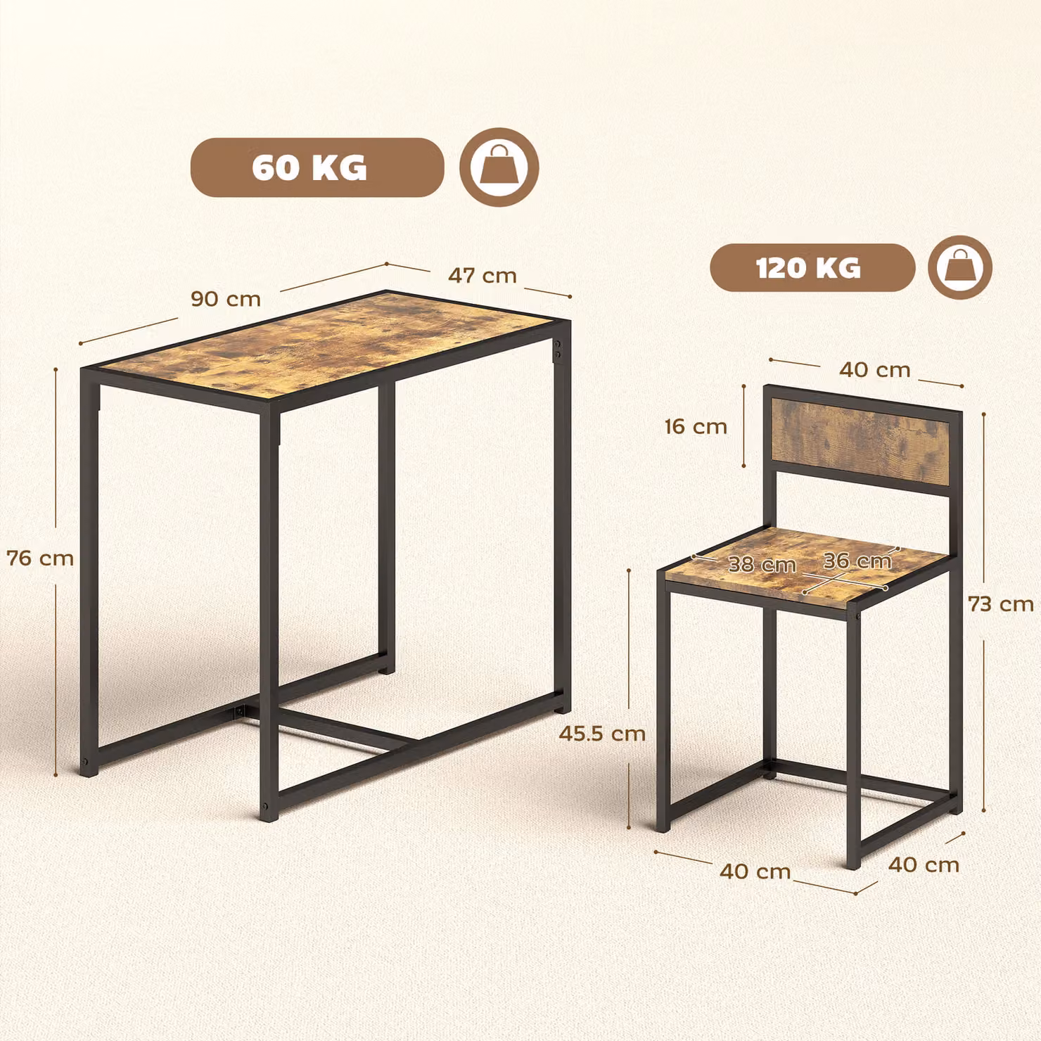HOMCOM 3 Piece Industrial Kitchen Table and Stool Set in Brown and Black – 3