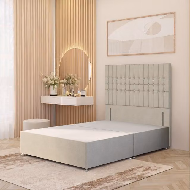 Somnior Beds Ltd Lexington Upholstered Divan Bed Base with Floor Standing Headboard in Beige and Yellow Fabric, W/D/H: 140 x 200 cm