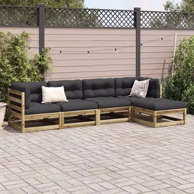 Berkfield Home Beautiful 5 Piece U-Shape Garden Sofa Set in Brown Impregnated Pine with Grey Fabric Cushions and Matching Ottoman