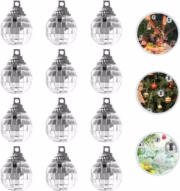 SPETLEK 12-Piece Silver Disco Christmas Mirror Ball Glass Baubles, W/D/H: 100 x 15 x 15 cm