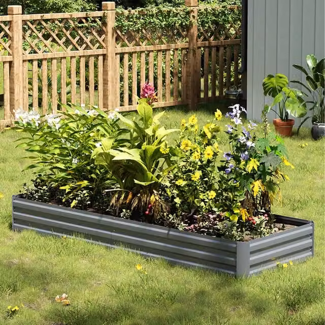 Livingandhome Modern Rectangular Metal Raised Garden Bed in Grey