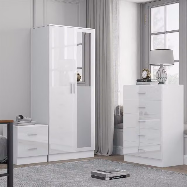 REFLECT Bedroom Furniture Bundle including 2-Door Mirror Wardrobe, Chest of Drawers and Bedside Table in White Gloss and Matt White