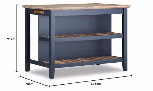 Statement Furniture Florence Breakfast Bar Kitchen Island with Acacia Wood Top and Slatted Shelves in Navy Blue, W: 126 cm, D: 78 cm, H: 91 cm – 1