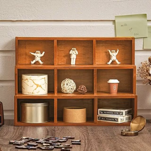 KORVIXA 3 Tier Brown Wooden Wall Mounted Showcase Display Unit with Back Panel
