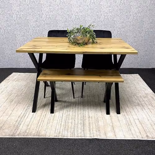 KOSY KOALA Industrial Dining Set with Rectangular Table, 2 Velvet Chairs and Wooden Bench in Black, Brown or Grey – 5