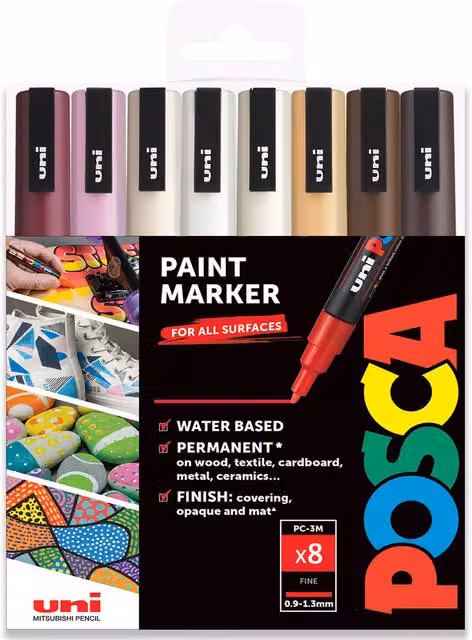 POSCA PC-3M Paint Marker Set with Bullet Nib in Warm Neutrals, 8 Pack