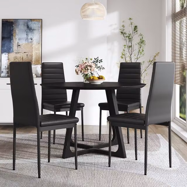 Komore Set of 4 Modern Black Faux Leather High-Back Armless Dining Chairs