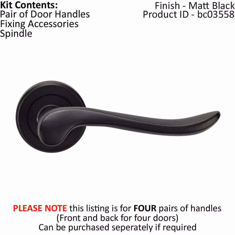 Loops 4 Pair Scroll Shaped Lever Handle on Round Rose with Concealed Fix, Matt Black – 2