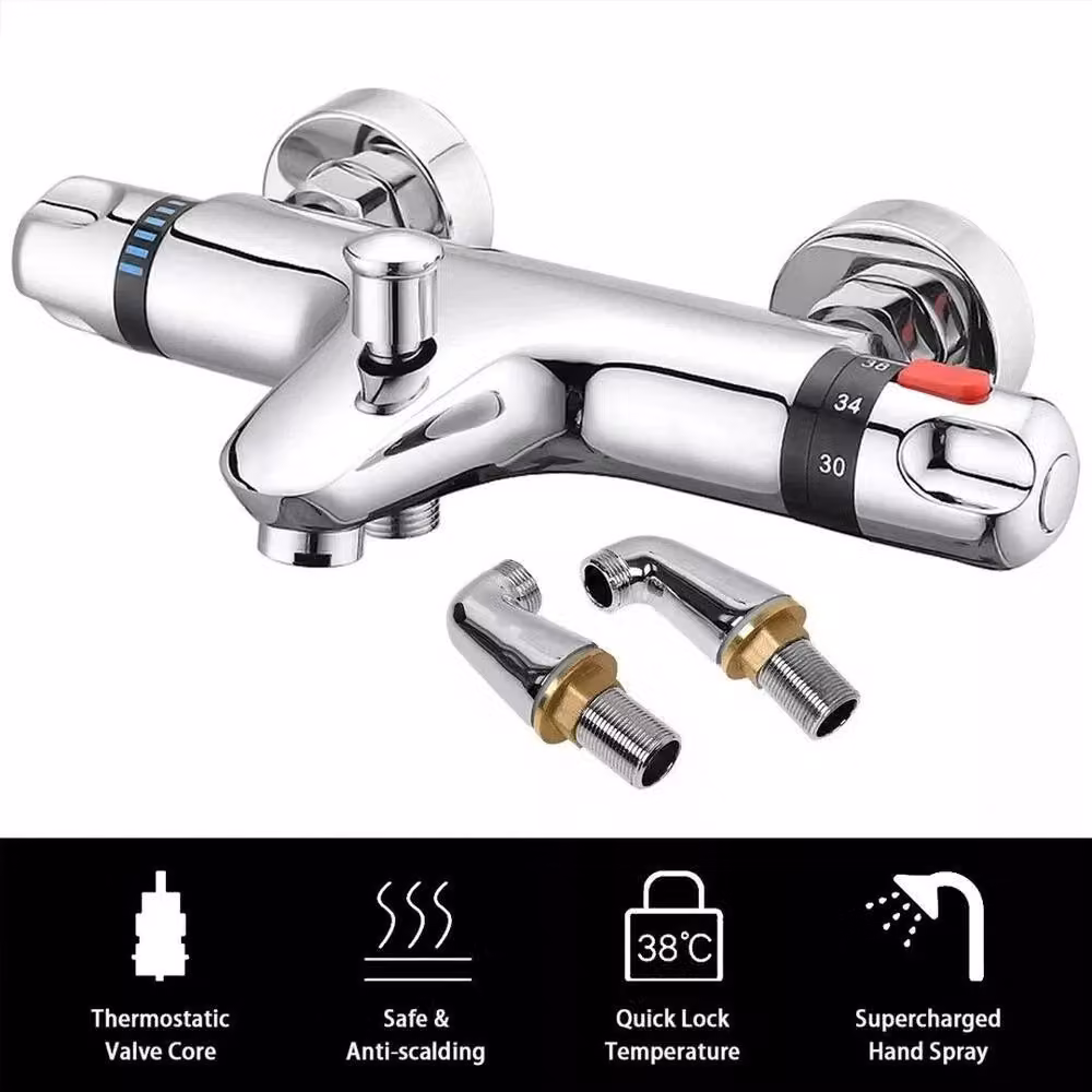 FLAVORA Chrome Thermostatic Bath Shower Mixer Tap in Silver – 2