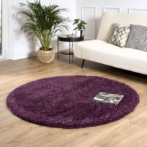 Bravich Round Purple Shaggy Rug, Aubergine, Diameter: 120 cm, Pile Height: 5 cm – 1