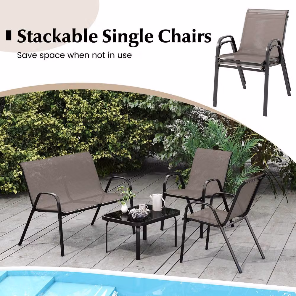Costway 4-Piece Grey Outdoor Patio Furniture Set with Metal Frame, 2-Seater Sofa, Armchair and Coffee Table – 5