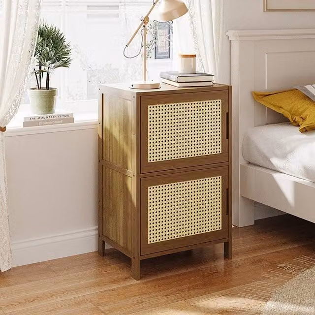 EONLION Brown Wooden Bedside Table with Rattan Cabinet and Geometric Design