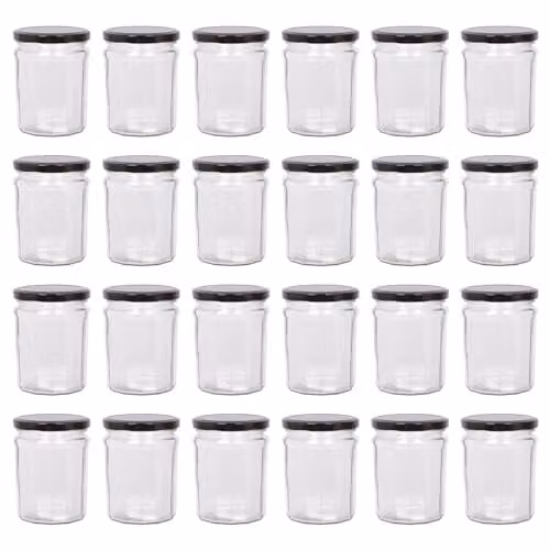 Argon Tableware Glass Jam Jars with Airtight Black Lids, 380ml, Pack of 24