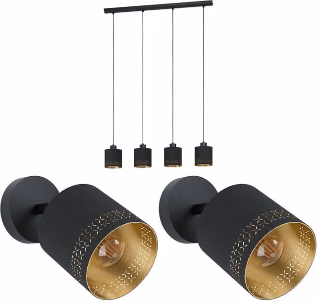 Loops Quad Ceiling Light and 2x Matching Wall Lights with Round Black and Gold Fabric Shades