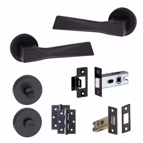 Golden Grace Aura Bathroom Door Handle Set with Latch and Hinges in Matt Black